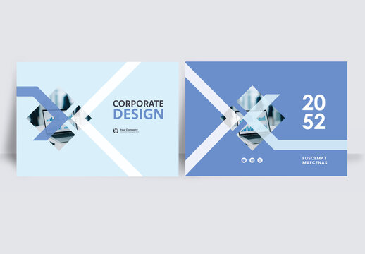 Modern business brochure layout &ndash;  Geometric Book Cover Landscape Layout Blue and White
