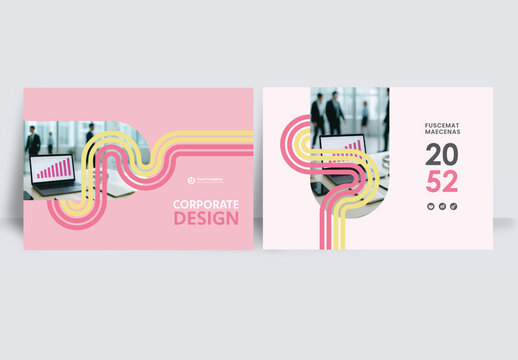 Modern business brochure layout &ndash;  Geometric Book Cover Landscape Layout Pink and Yellow  
