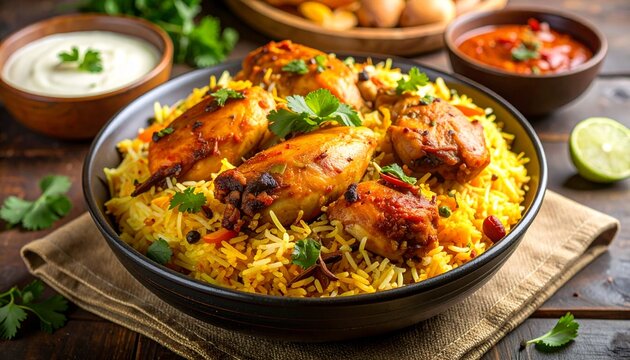 indian chicken biryani, Spicy chicken biryani food photography
