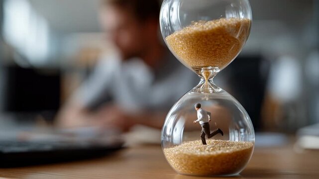 Man running inside hourglass with flowing sand, miniature figure trapped sand, time pressure and deadline stress office time man figure hourglass