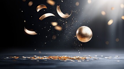 A festive scene with golden confetti and a spherical object suspended in mid-air, set against a dark, moody backdrop with shafts of light.