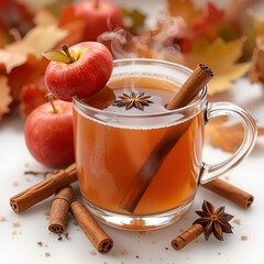 A steaming mug of hot apple cider with cinnamon sticks and star anise garnished with a fresh red apple and autumn leaves isolated on transparent background