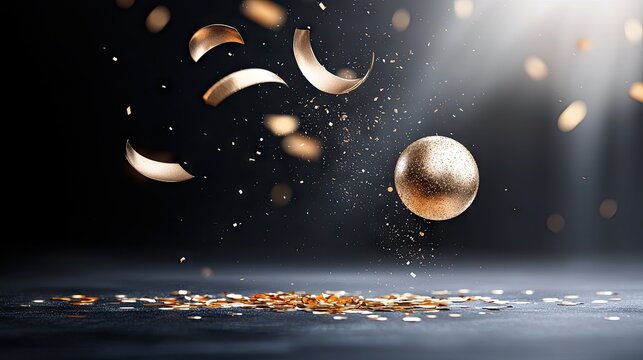 A festive scene with golden confetti and a spherical object suspended in mid-air, set against a dark, moody backdrop with shafts of light.