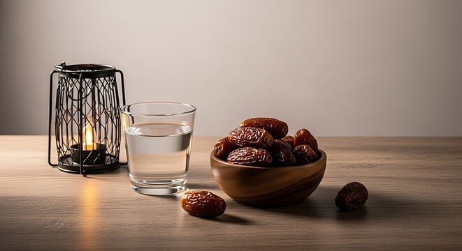 Dates and water with candlelight for religious fasting or holiday
