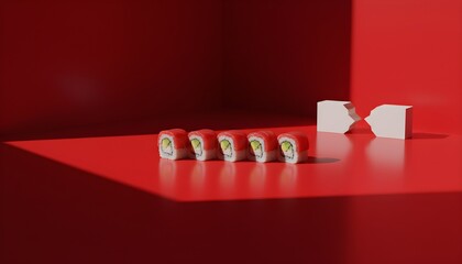 Festive Asian Cuisine Christmas Roll Sushi with Red Aesthetic Background