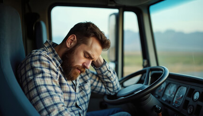 Bearded man in plaid shirt sleeps with head on hand in truck cabin, feeling tired. Driver rests by steering wheel, overcome by exhaustion on long road trip. Safety issue.