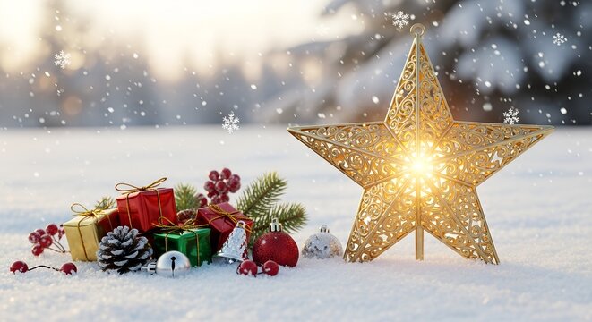 Golden Christmas star lantern glowing on snowy winter ground with festive pine cones, colorful ornaments and soft holiday morning light