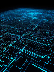 Create a high-tech digital background featuring a glowing circuit grid, dynamic particle trails, and a softly pulsing data flow pattern. Use a deep space black base with neon accents in electric blue