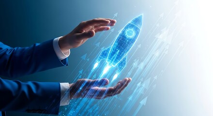 Digital rocket launch startup business concept with hands and arrows