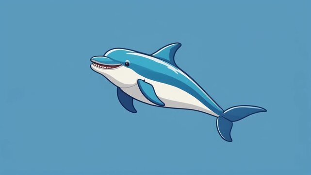 A friendly cartoon dolphin with blue and white markings swimming in a clear blue ocean.