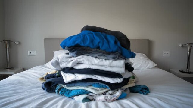 A large pile of freshly laundered clothes stacked neatly on a white bed in a bedroom with simple decor.