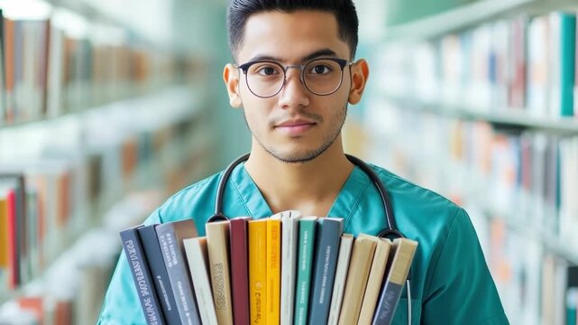 Medical student carries stack of books in busy library for study session