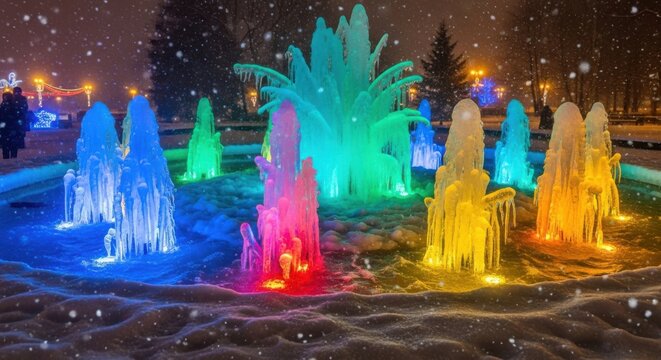 Stunning winter wonderland scene with vibrant ice fountain glowing under snowfall, perfect for holiday promotions and cheerful seasonal designs, magical