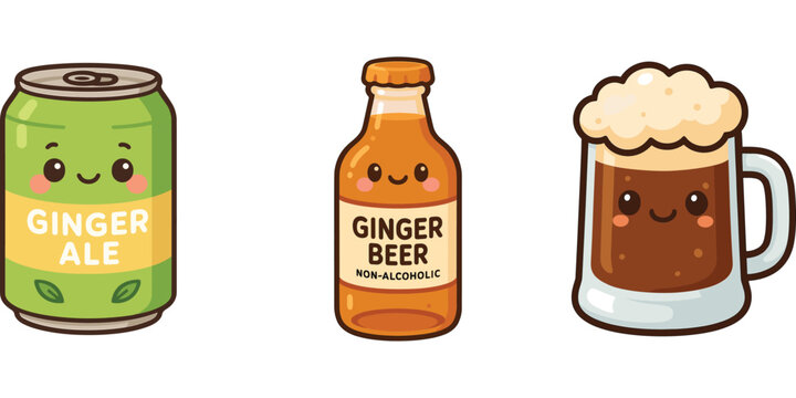 Ilustrasi ginger ale, root beer dan lemon soda karakter lucu**