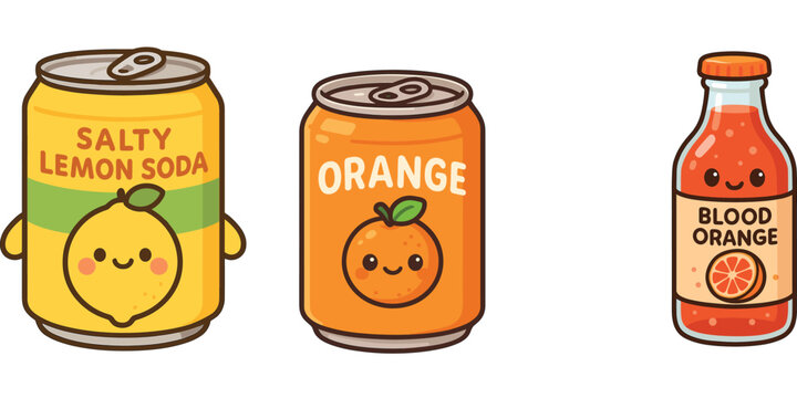 Ilustrasi lemon soda asin, jus jeruk dan hot sauce minuman karakter lucu**