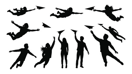 People and paper airplanes silhouettes isolated on white background, Vector