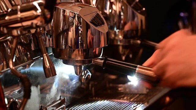 Professional espresso machine pouring hot coffee into glasses