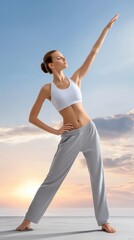 Fototapeta premium Athletic woman in dynamic yoga pose, balanced on one arm, beach at sunrise, soft morning light with rim glow, pastel pinks and golds, cinematic sports style, wide-angle centered shot with crisp focus