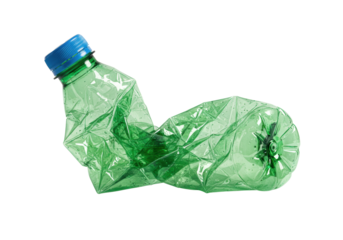 vivid green crumpled plastic water bottle with a blue cap, showing texture and creases, studio high-key lighting, macro shot on white background, sharp shadow, environmental pollution concept