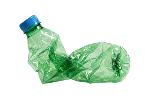 vivid green crumpled plastic water bottle with a blue cap, showing texture and creases, studio high-key lighting, macro shot on white background, sharp shadow, environmental pollution concept