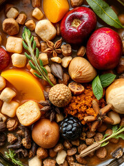 Close up of locally sourced ingredients used in brewing, such as fruits, herbs and spices