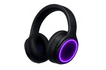 Wireless gaming headphones showing off purple neon glow providing immersive audio experience for users on transparent background