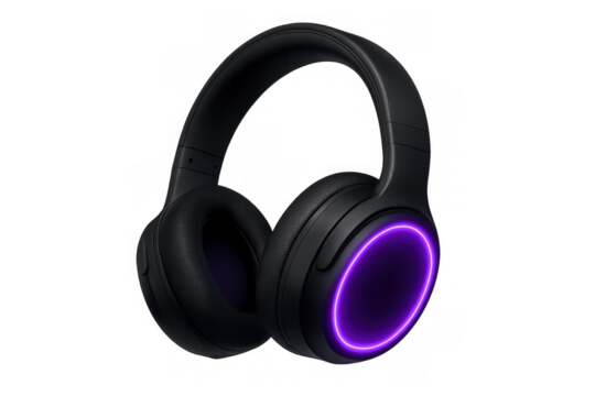 Wireless gaming headphones showing off purple neon glow providing immersive audio experience for users on transparent background