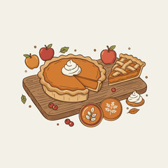 Pumpkin Pie & Desserts
“Hand-drawn Thanksgiving desserts — pumpkin pie, apple pie, cookies, whipped cream — simple cozy line art.”