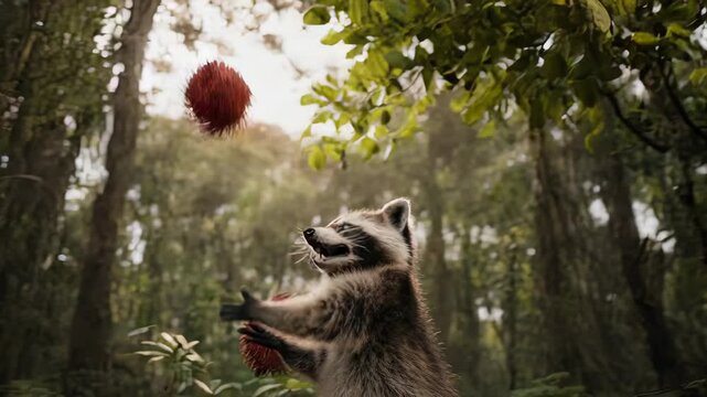 A raccoon reaching for red fruit in a forest