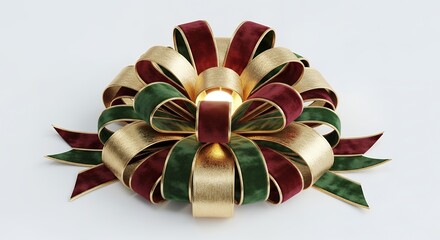 Festive Red, Green & Gold Velvet Ribbon Bow with Soft Central Glow on White Background