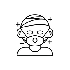 Person wearing a medical mask with a bandaged head