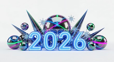 Futuristic 2026 New Year Celebration with Neon Blue Text, Abstract Metallic Spheres & Spikes, 3D Render