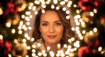 Elegant woman's portrait framed by festive Christmas lights, radiating holiday cheer and warmth for seasonal campaigns and heartfelt greetings