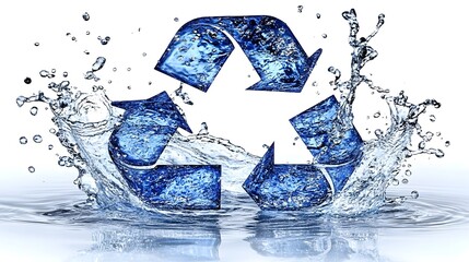 Vibrant water splashing around a blue recycle symbol representing environmental conservation efforts