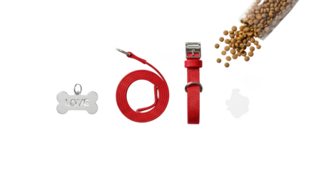 Red dog leash treat bag and bone tag flat lay arrangement transparent background