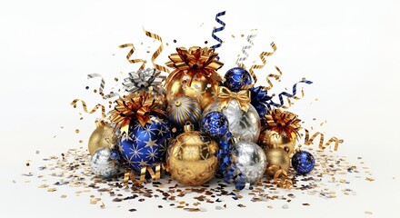 Festive Gold, Silver & Blue Holiday Decorations Pile: Ornaments, Gifts, Confetti & Ribbons on White