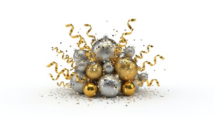 Abstract Festive Gold and Silver Spheres with Glitter and Streamers