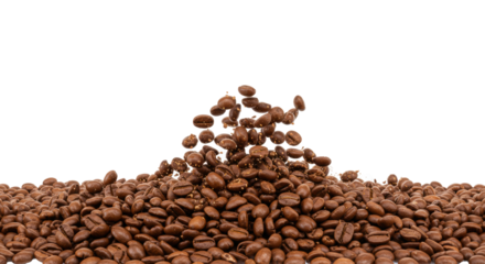 ultra-detailed macro shot of hundreds of glossy, amber arabica coffee beans exploding upwards against a transparent background with copy space. concept of premium product quality