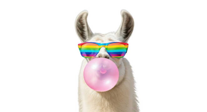 Funny llama wearing rainbow glasses and blowing bubble gum isolated PNG with Transparent Background