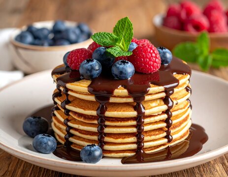 Stack of pancakes topped with berries, chocolate sauce, and mint