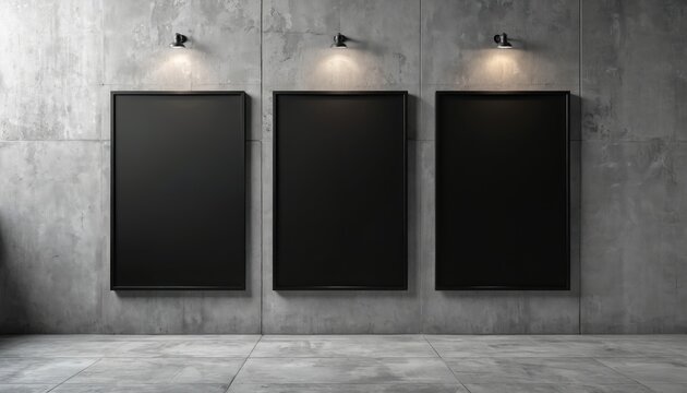 Three black empty posters hang on concrete wall under spotlights. Modern gallery or exhibition space with copy space for your ad. Simple background for design.