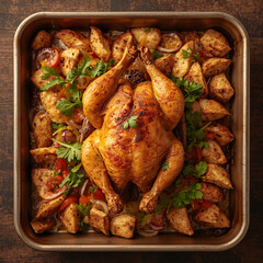 Perfectly roasted golden chicken, surrounded neatly by colorful salads and traditional Egyptian baladi bread