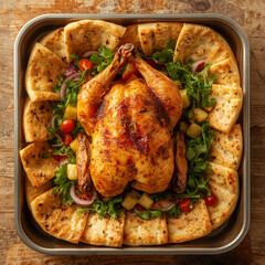 A perfectly roasted golden chicken, surrounded neatly by fresh colorful salads and traditional Egyptian baladi bread