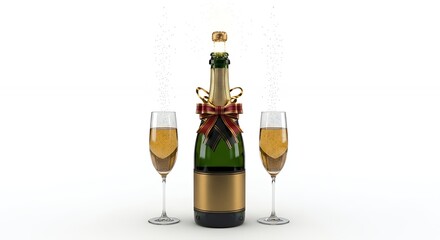 Popping Champagne Bottle with Two Flutes Ready for a Toast on White Background
