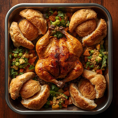 A perfectly roasted golden chicken, surrounded neatly by colorful salads and traditional Egyptian baladi bread