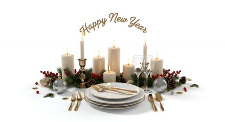 Elegant New Year's Eve Table Setting with Candles, Gold Cutlery & Festive Winter Decor