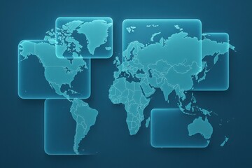 Global digital map showcasing interconnected continents with semi transparent overlays emphasizing geographical regions and showcasing modern spatial mapping technologies