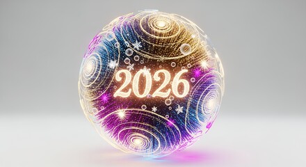 Vibrant 2026 in a Luminous Orb with Swirling Energetic Patterns