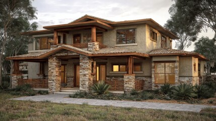 A luxurious two-story house with stone and wood accents, surrounded by landscaping.