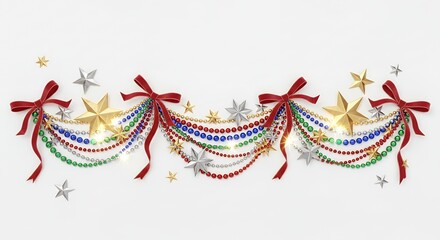 Sparkling Holiday Garland Border with Stars, Red Bows & Multicolored Beads